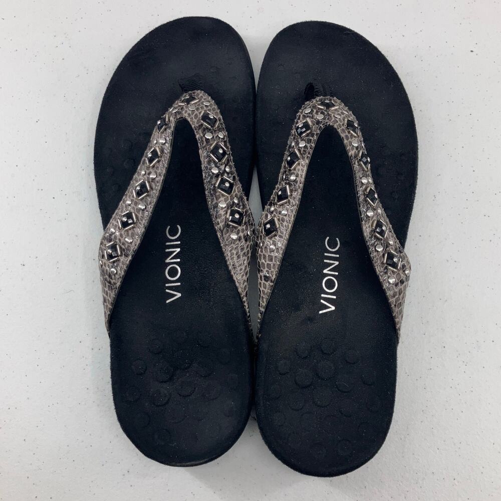 Vionic Black Gray Beaded Snake Skin Animal Print Floriana Flip Flop Sandal Shoes